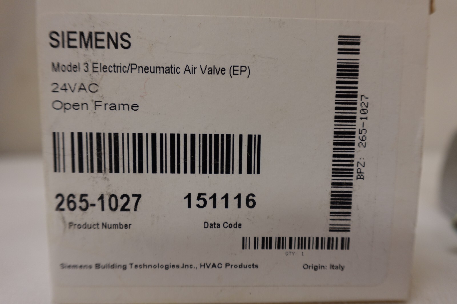 Siemens 265-1027 Solenoid Air Valve (EP) 3 Way Electro Pneumatic 24VAC 50PSI Max