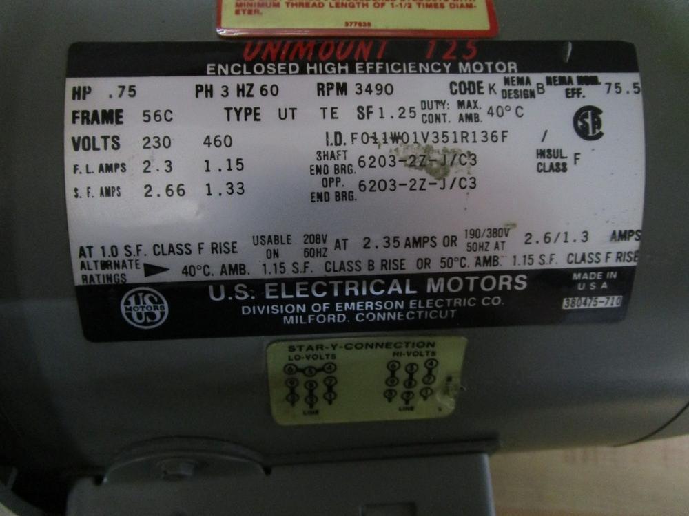 U.S. Electrical Motors F011W01V351R136F Unimount 125 Motor Tested
