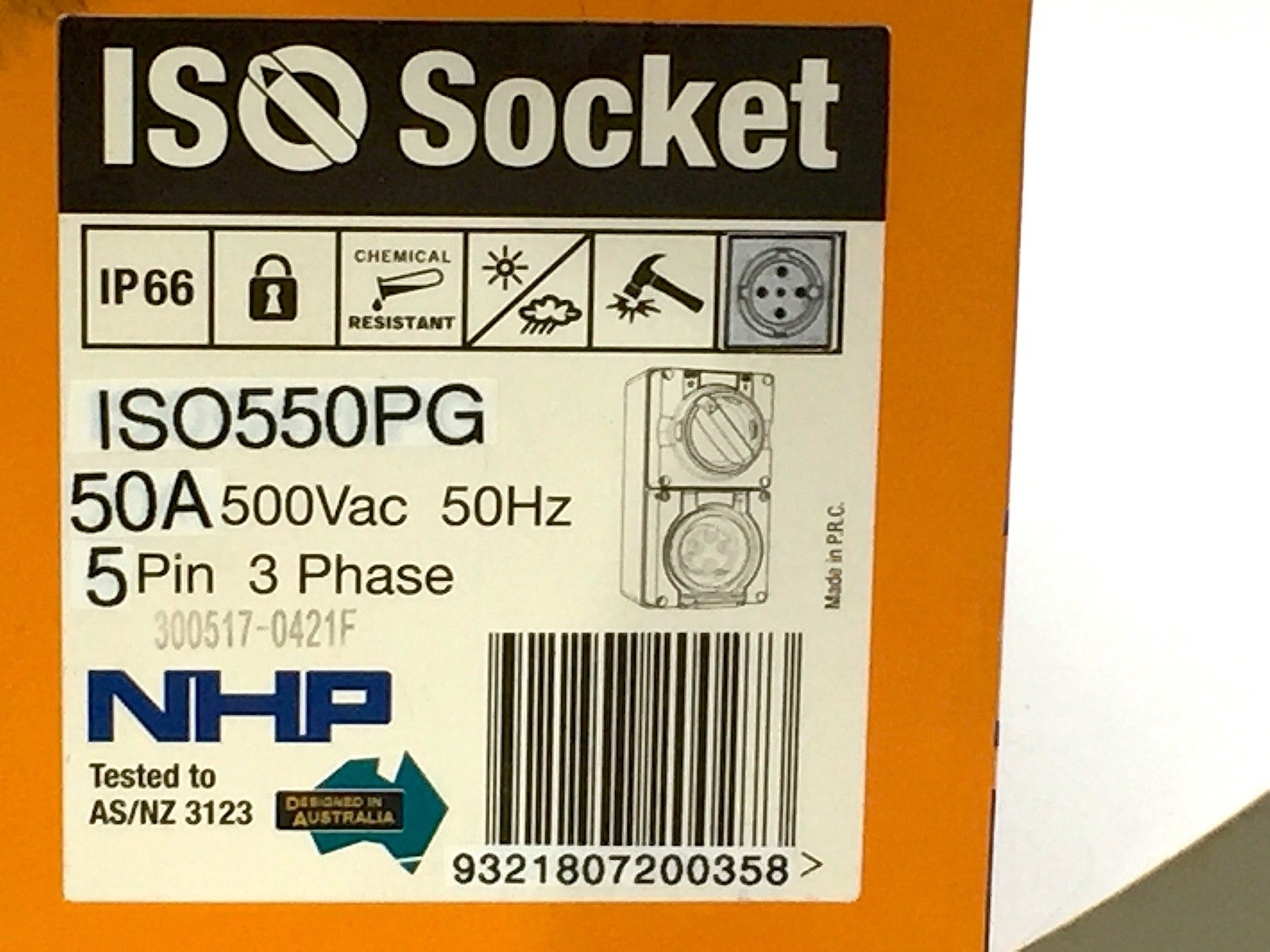 NHP ISOC550PG Switched Socket Outlet 5 Round Pin 50A 500V 63mm Base Grey