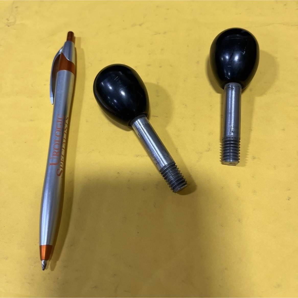 Set of 2 Black Metal Knob Handles with Threaded Ends and Threaded Metal Shafts.