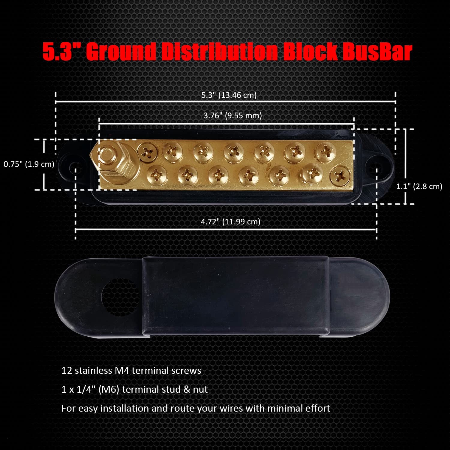 1/4″ Stud Power Distribution Block Bus Bar with 12 x #8 Screws, Brass, Black