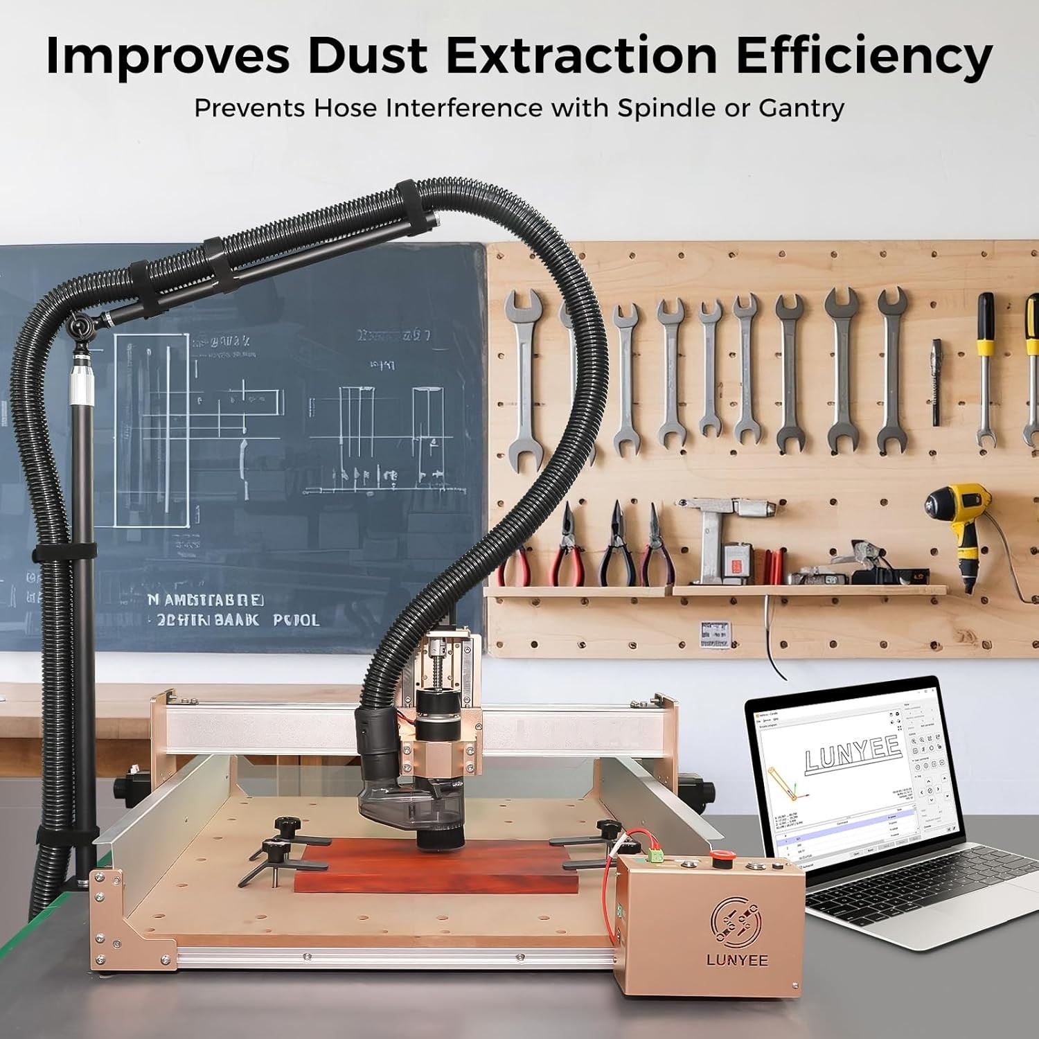 Dust Collection Boom Arm for CNC Router – Adjustable Clamp Mount Hose Holder