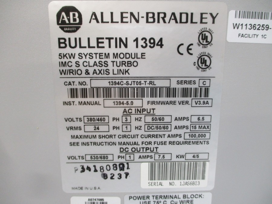ALLEN BRADLEY 1394C-SJT05-T-RL SER. C F/W V3.9A 380/460VAC 6.5A REMAN