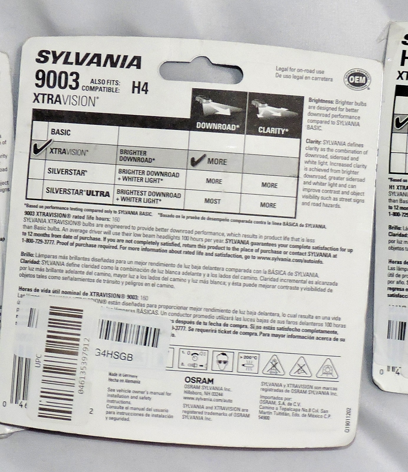 3 packs Auto Headlights Bulbs New Sylvania Xtra Vision 9003, H7, and H1 Lot