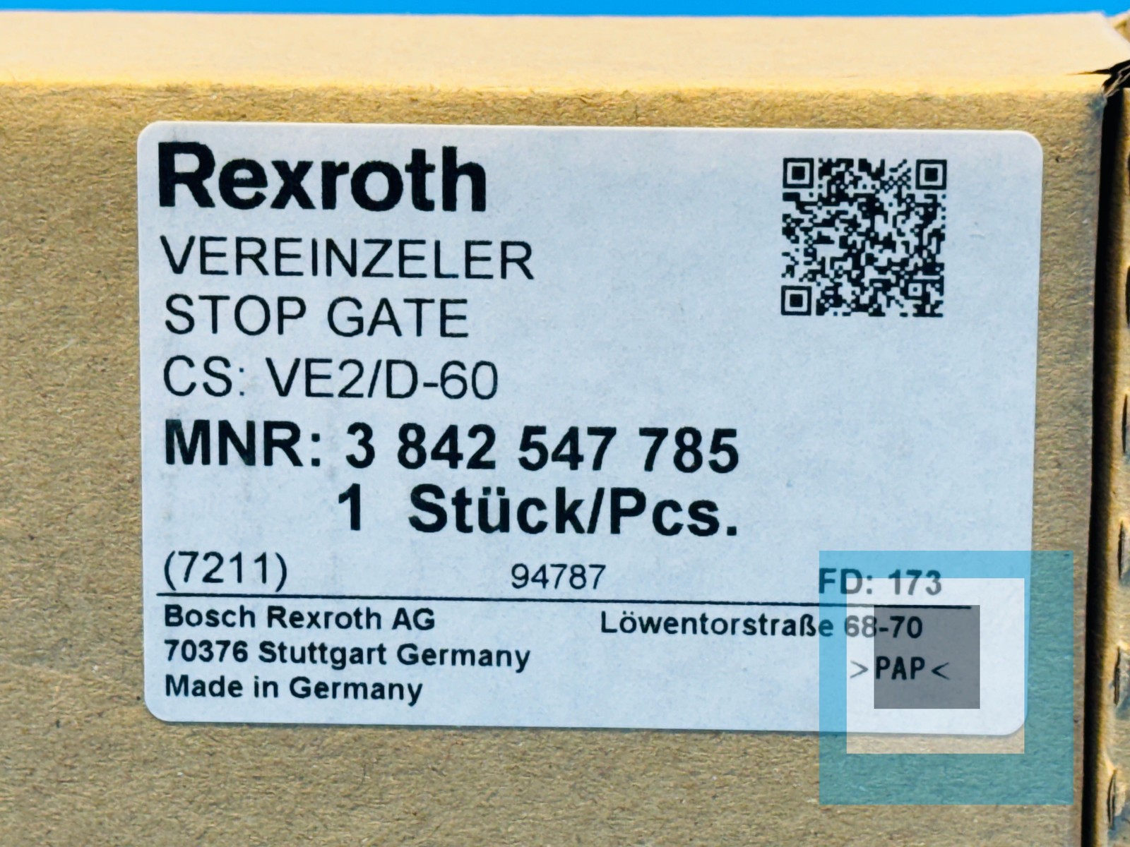 Bosch Rexroth 3 842 547 785 Vereinzeler Stop Gate CS: VE2/D-60 – NEW IN BOX