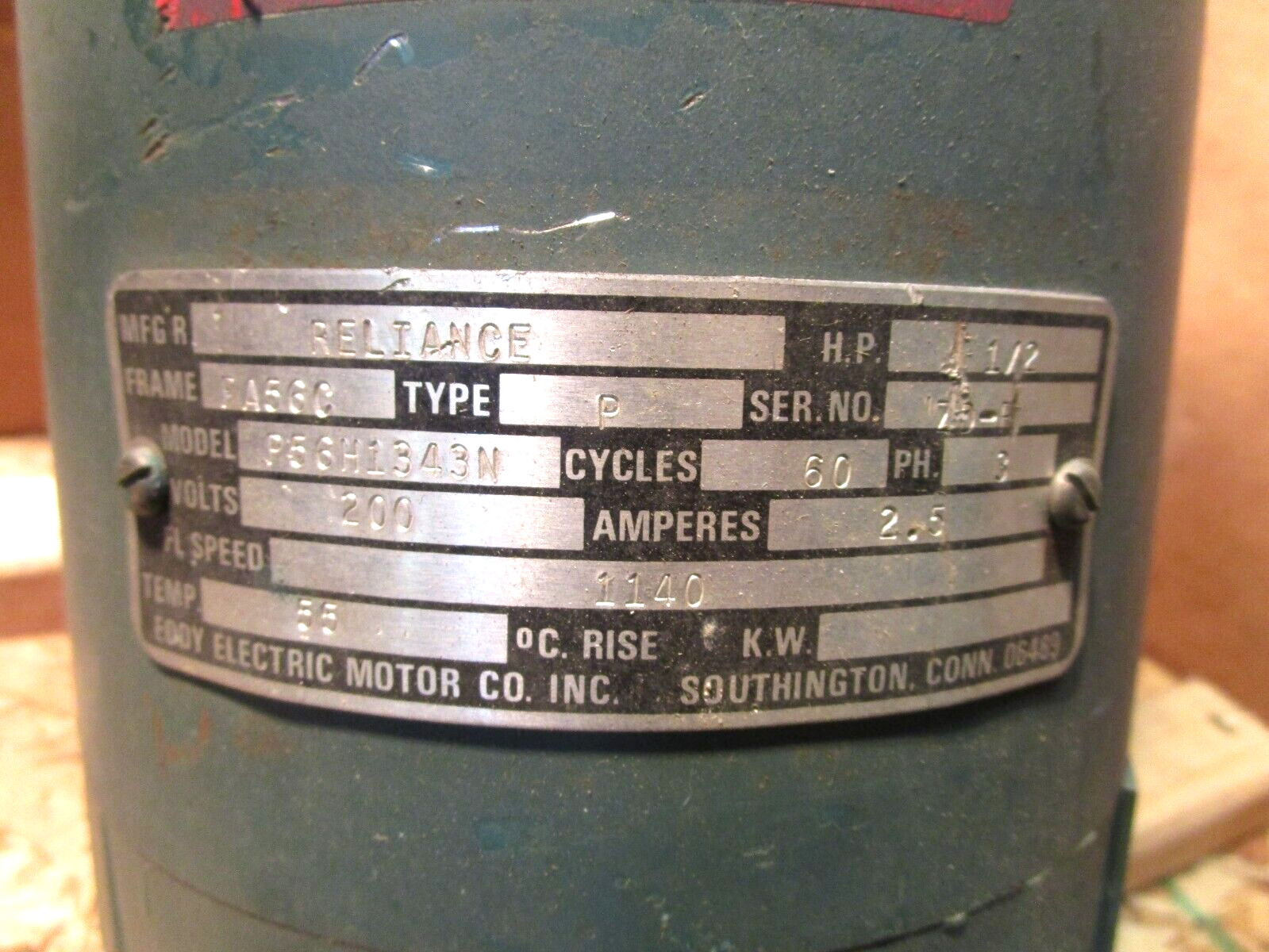 Reliance Electric Motor FA56C Frame 1/2 HP 200 Volts 1140 Fl. Speed 3 PH 51116LR