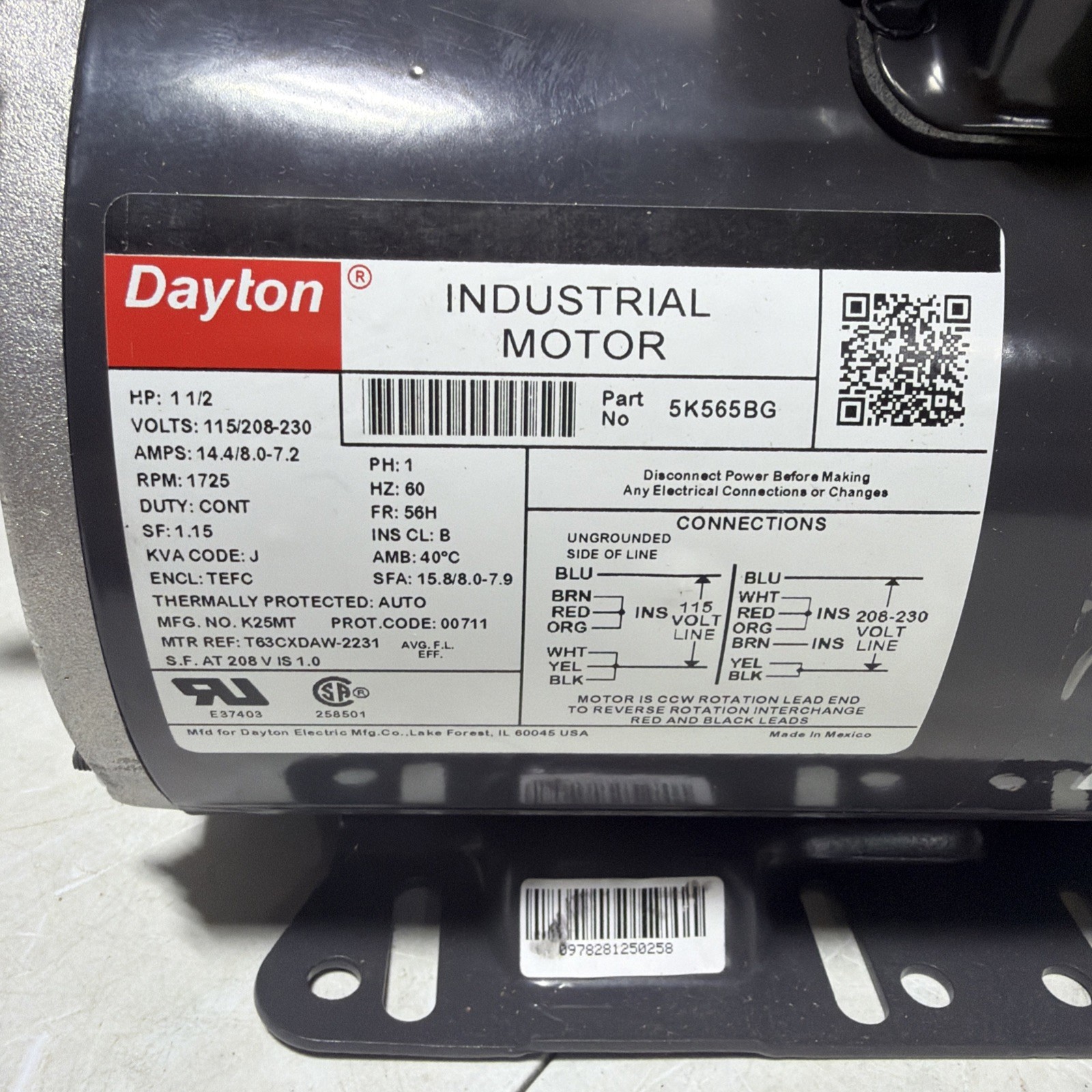 DAYTON 5K565BG INDUSTRIAL MOTOR 1-1/2 HP 1725 RPM 1PH TEFC ENCLOSURE 60HZ DENTED