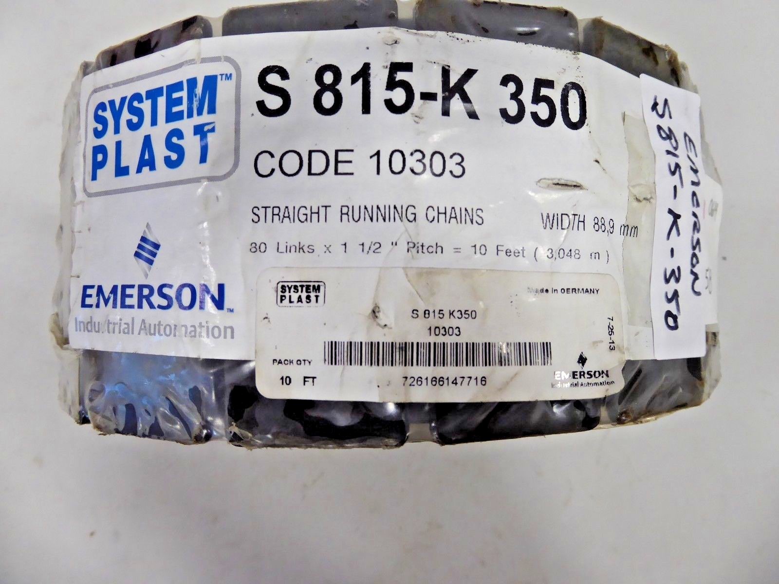Emerson System Plast S815K350 Straight Running Chain 10′ 88.9 mm wide 80 links