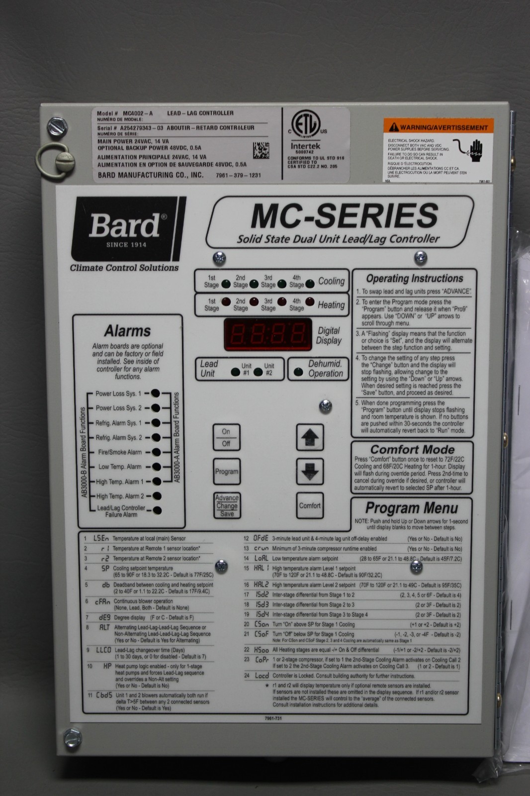 NEW BARD MC-SERIES SOLID STATE DUAL LEAD/LAG CONTROLLER MC4002-A