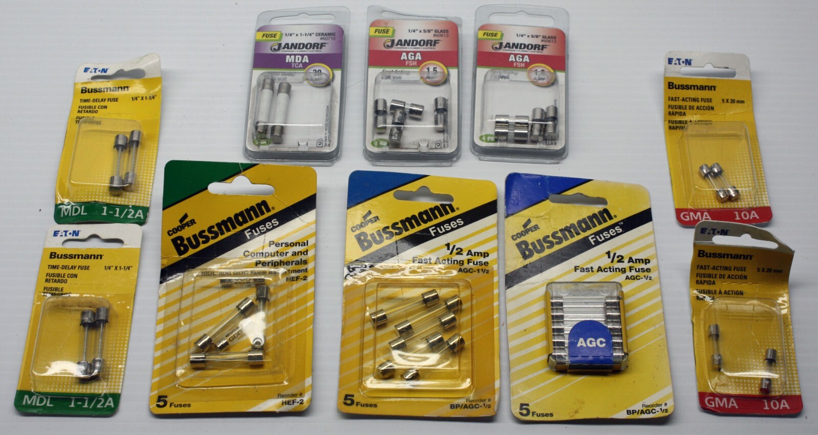 Bussmann Jandorf Assorted Fuse Lot AGA AGC MDA MDL GMA 10A 1 1/2A HEF-2