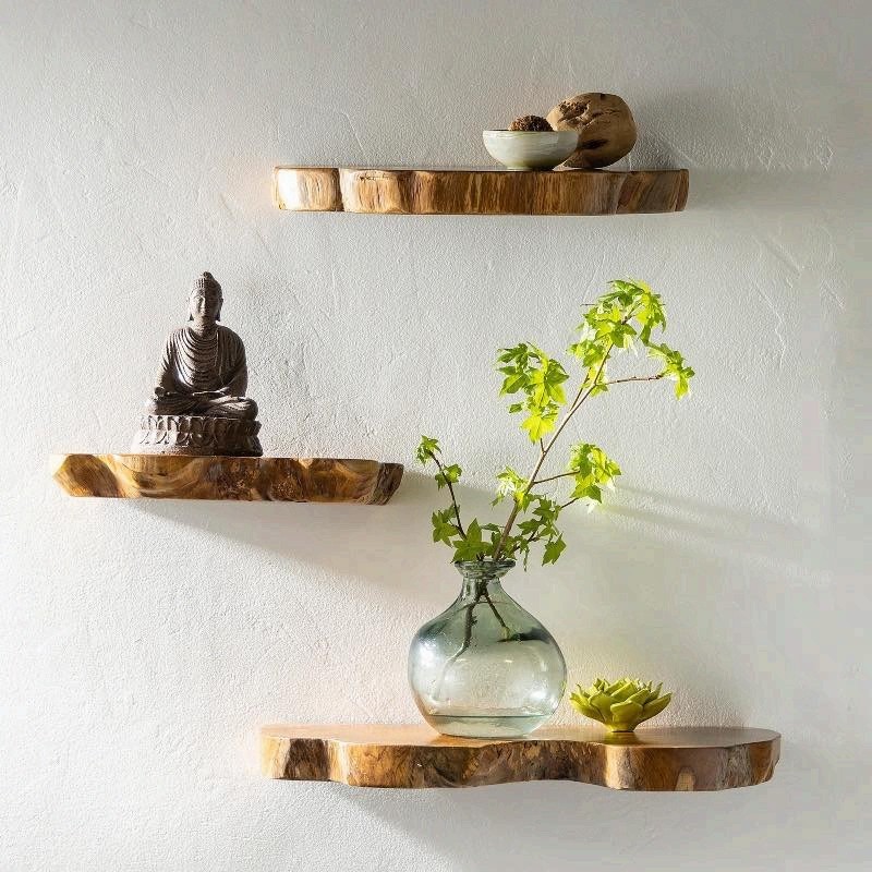 Reclaimed Teak Wood Live Edge Floating Wall Shelves Set of 3 Rustic Natural
