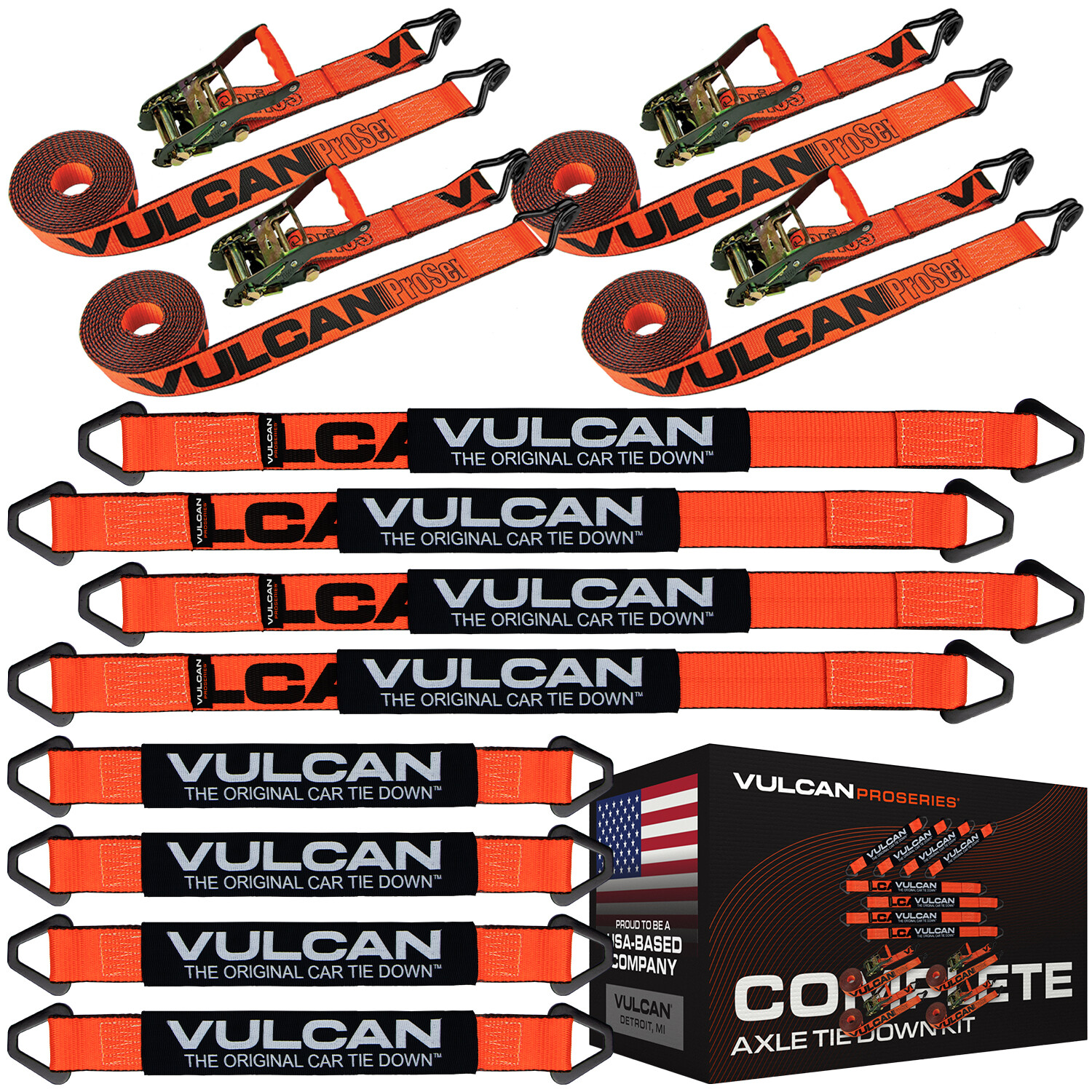 VULCAN PROSeries Orange Axle Strap Tie Down Kit – Wire Hook Ratchet Straps
