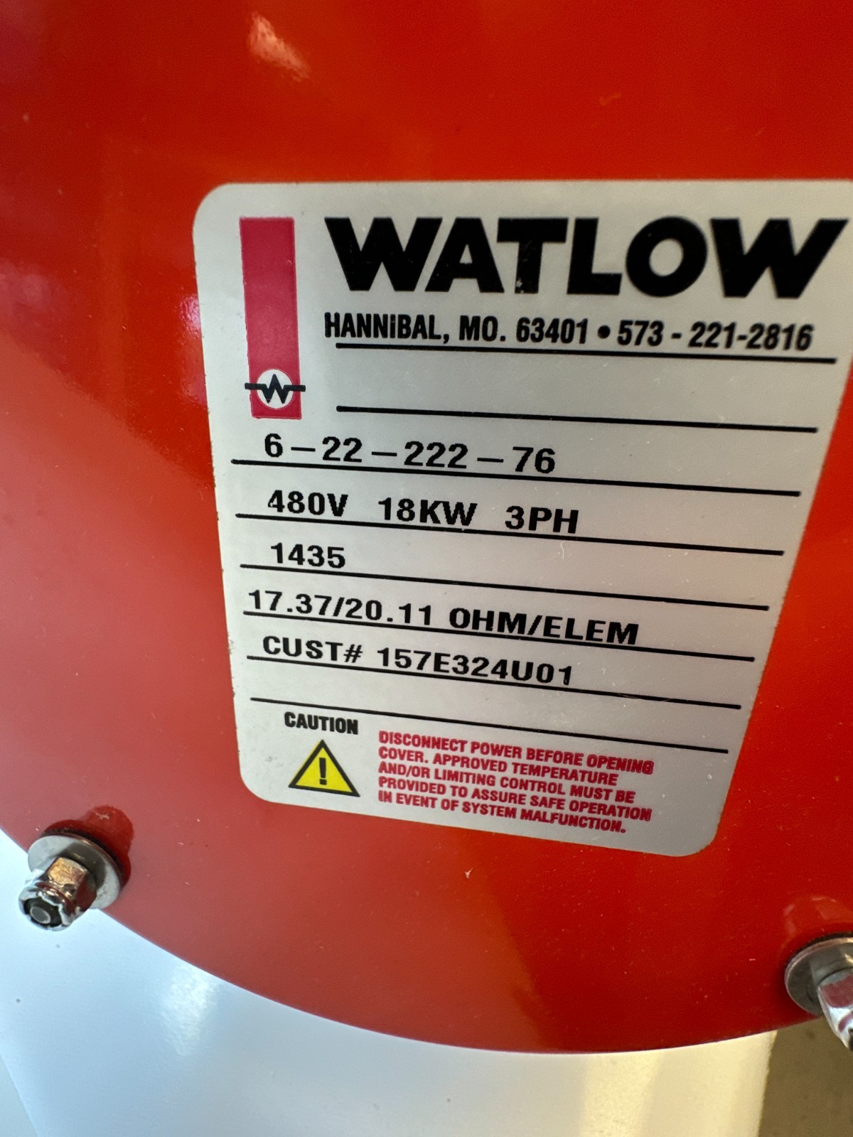 Watlow 6-22-222-76 Tubular Immersion Heater 480V 18kw 3ph 1435 17.37/20.11 OHM
