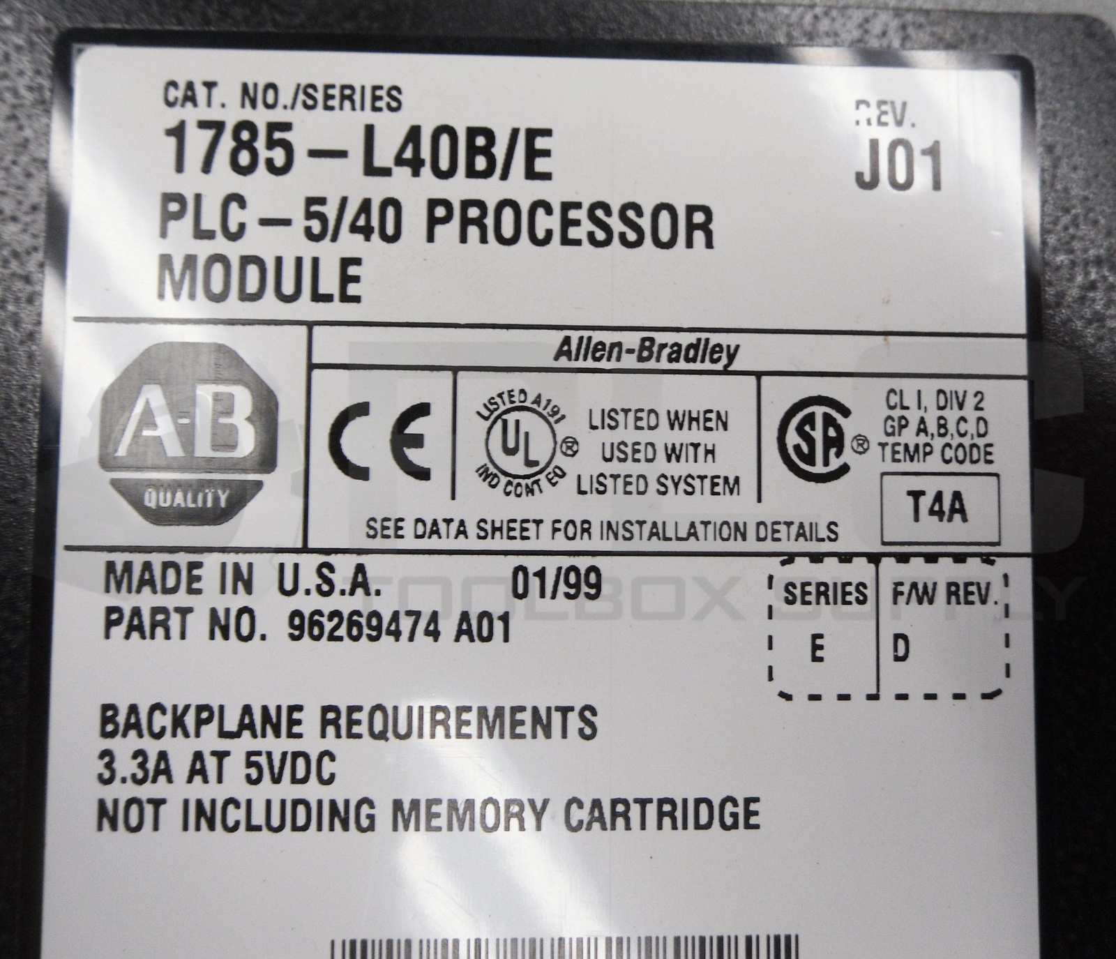 ALLEN BRADLEY 1785-L40B /E PLC -5/40 PROCESSOR MODULE 3.3A 5VDC *READ*
