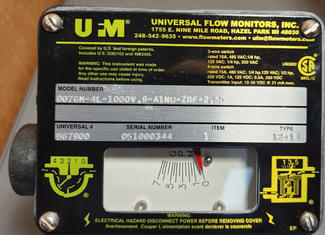 UNIVERSAL FLOW MONITORS 0076M-4L-1000V.9-A1NU-ZRF-2.5D NOS