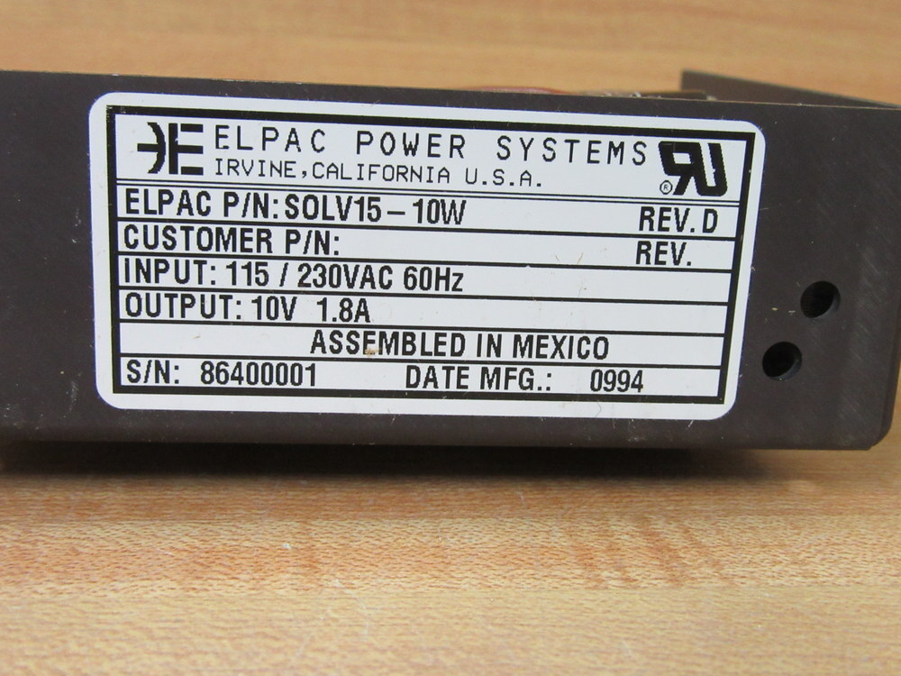 Elpac SOLV-15-10W Power Supply SOLV1510W