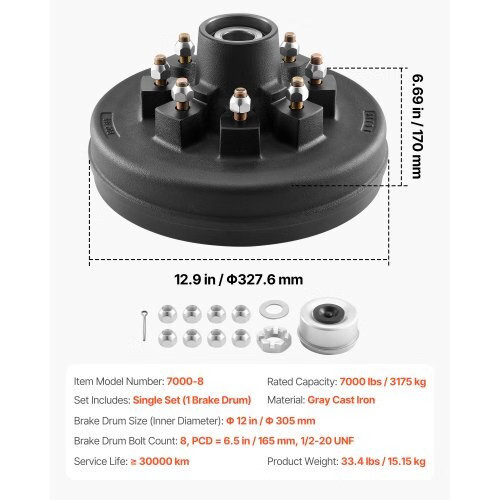 Electric Trailer Brake Drum, 1 Pack, 8-Hole on 4-Inch Bolt Circle Brake Drum for