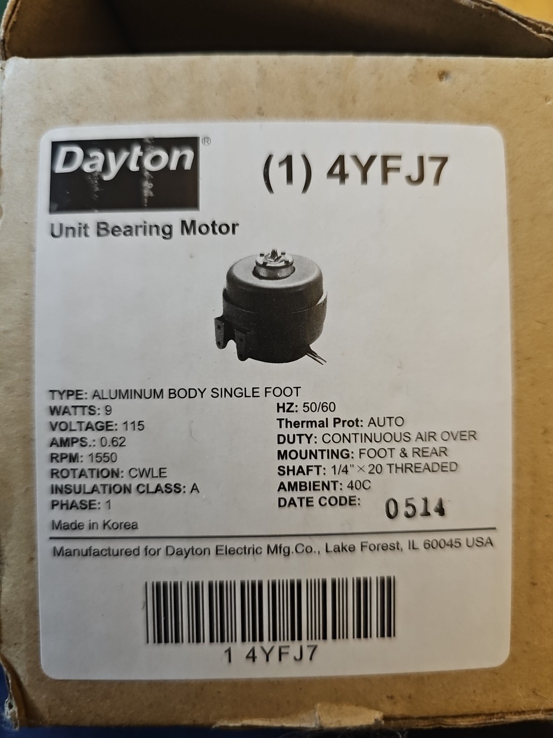 Dayton Unit Bearing Motor 1/83 HP, 1550 rpm 115V 9W .62A 50/60Hz Shaft:1/4×20