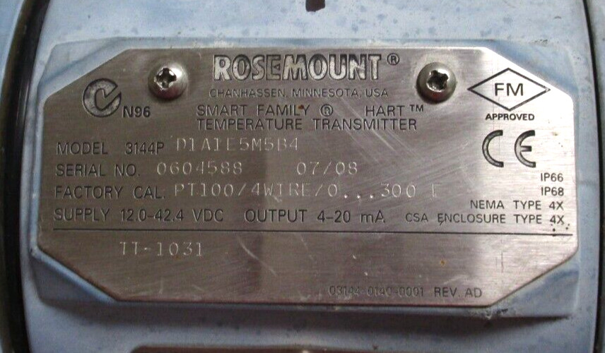 ROSEMOUNT TEMPERATURE TRANSMITTER, 3144P, D1A1E5M5B4, USED