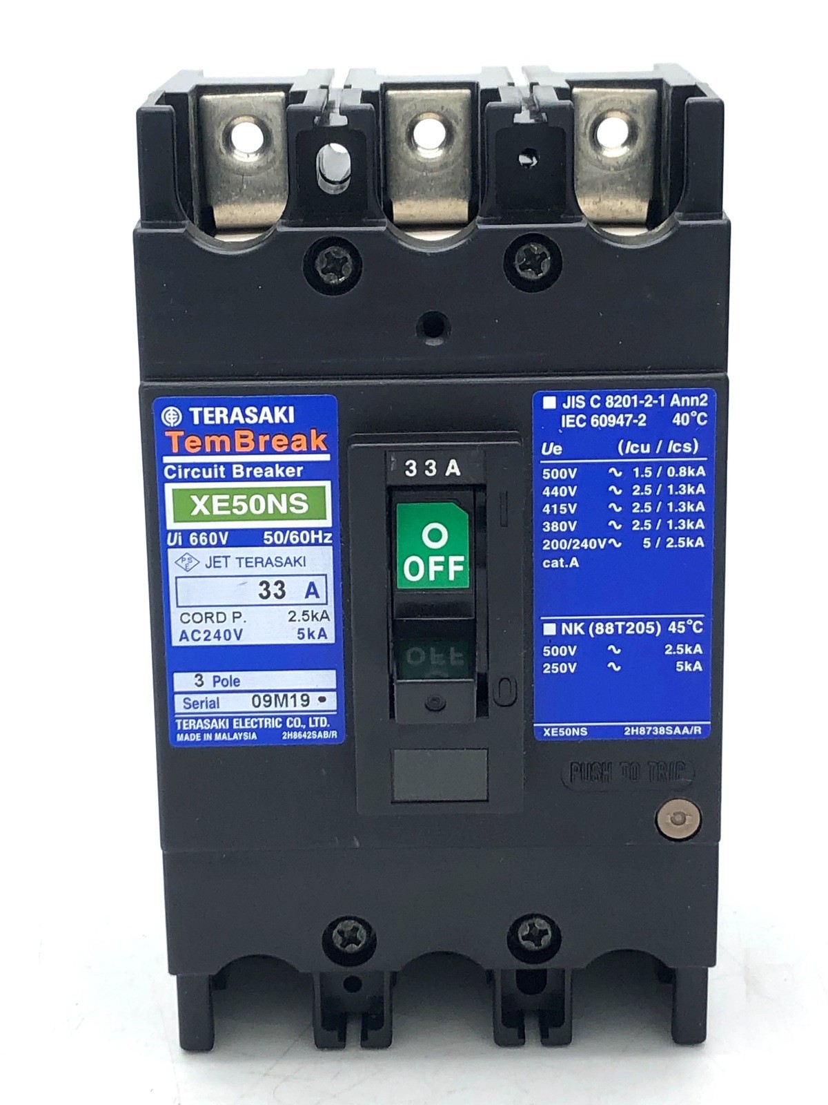 Terasaki Tembreak XE50NS Circuit Breaker No-Fuse 3P 33A 50Hz 240V 5kA