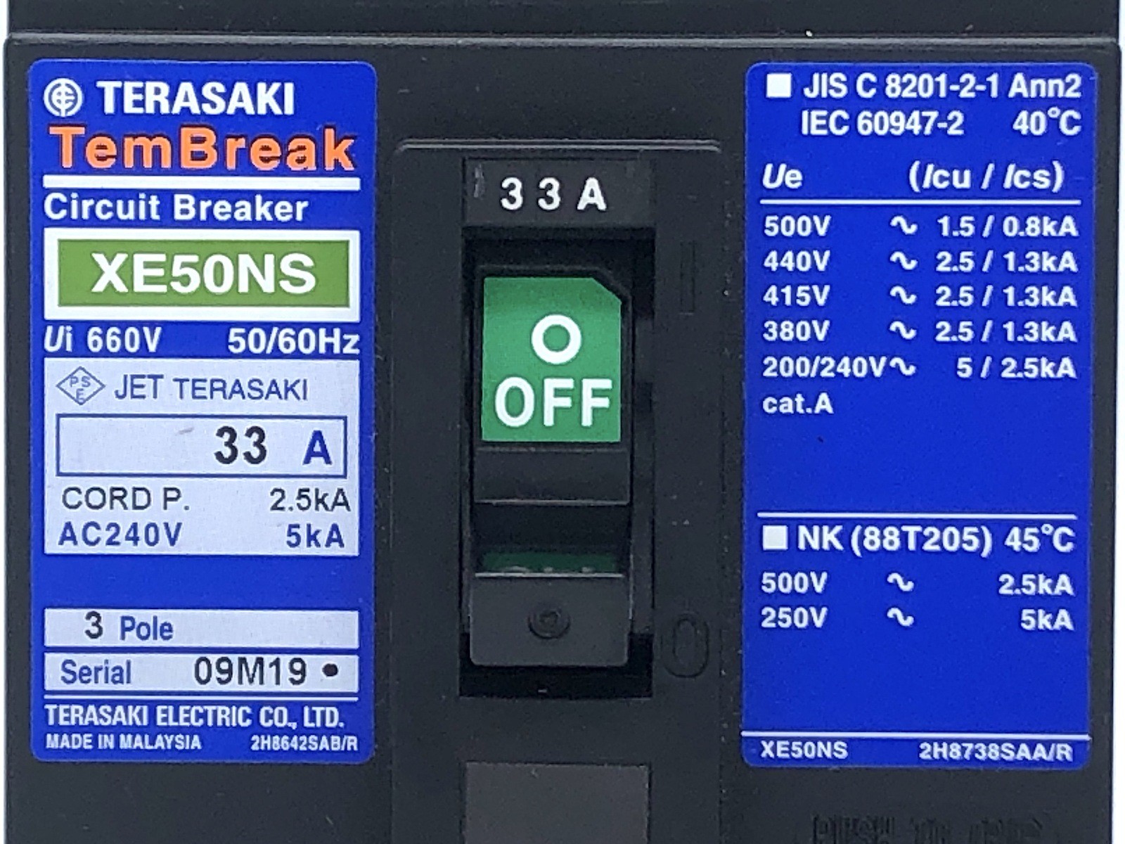 Terasaki Tembreak XE50NS Circuit Breaker No-Fuse 3P 33A 50Hz 240V 5kA