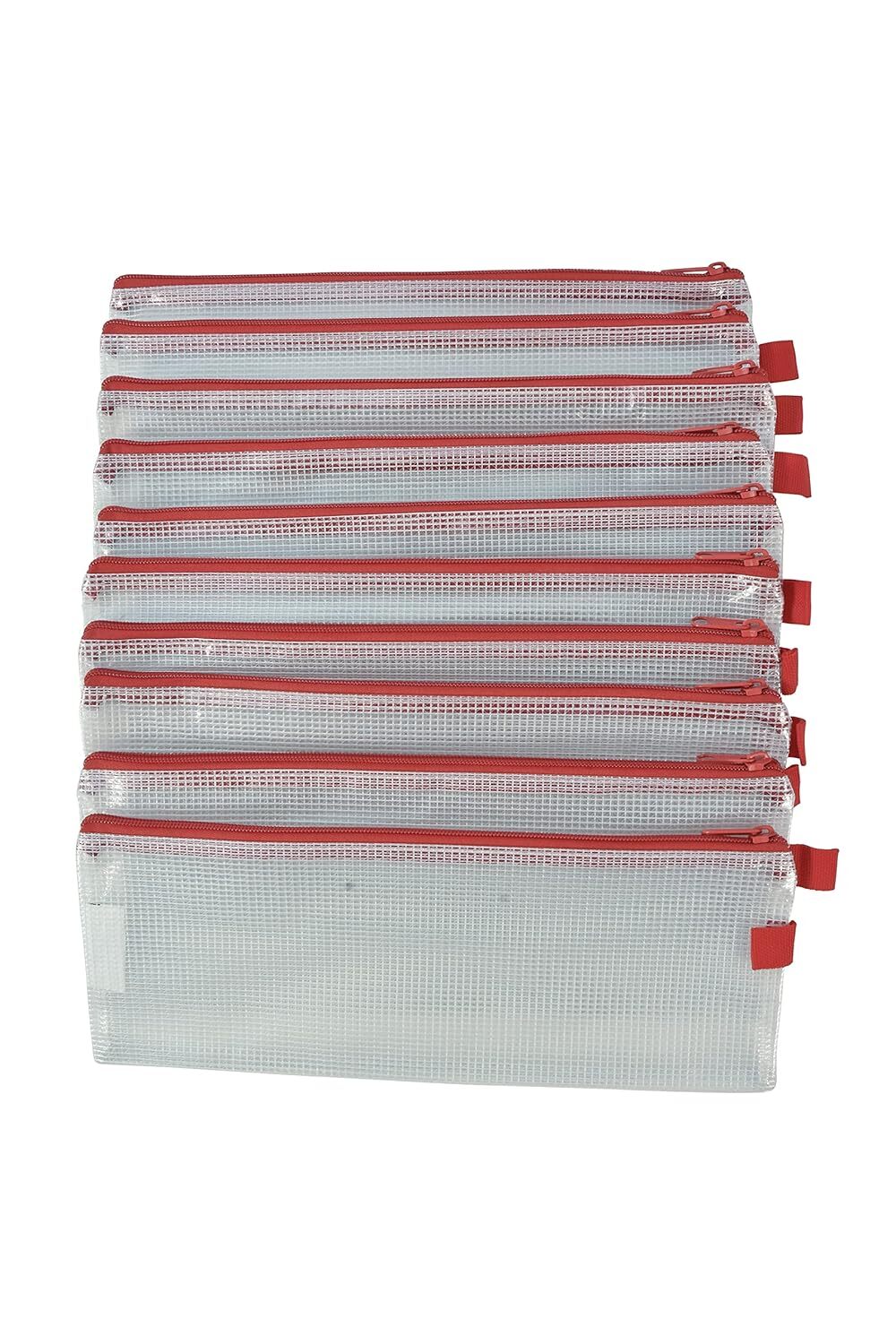 Sax Mesh Zippered Bag, 5 x 13 Inches, Clear with Red Trim, Pack of Clear,Red