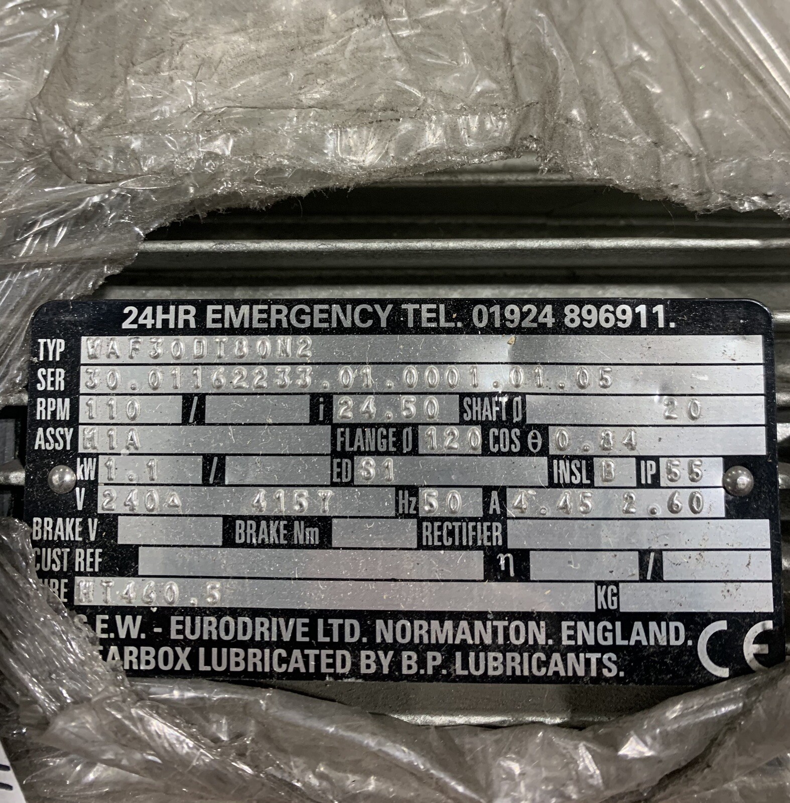 SEW-EURODRIVE WAF30DT80N2 H4 / WAF30 DT80 N2 H4 Gear Motor 1.1 Kw 110 RPM *NOB*
