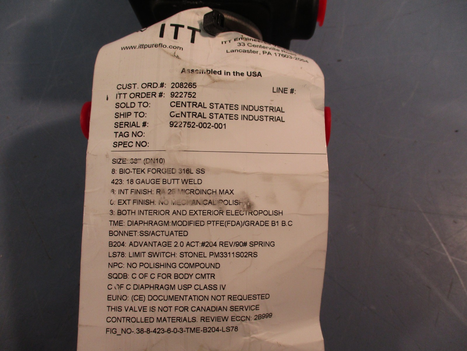 ITT PURE-FLO .38″ B204 w/PRISM by STONEL PM3311S02RS VALVE/ACTUATOR ASSEMBLY