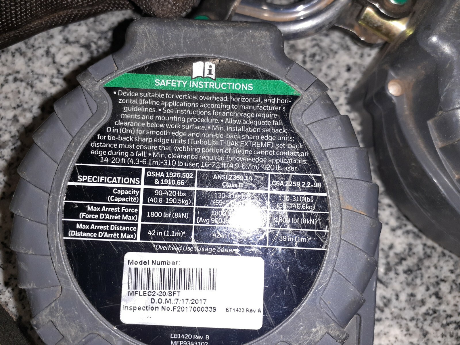 HONEYWELL MILLER MFLEC2-20/8FT Self-Retracting Lifeline,Gray