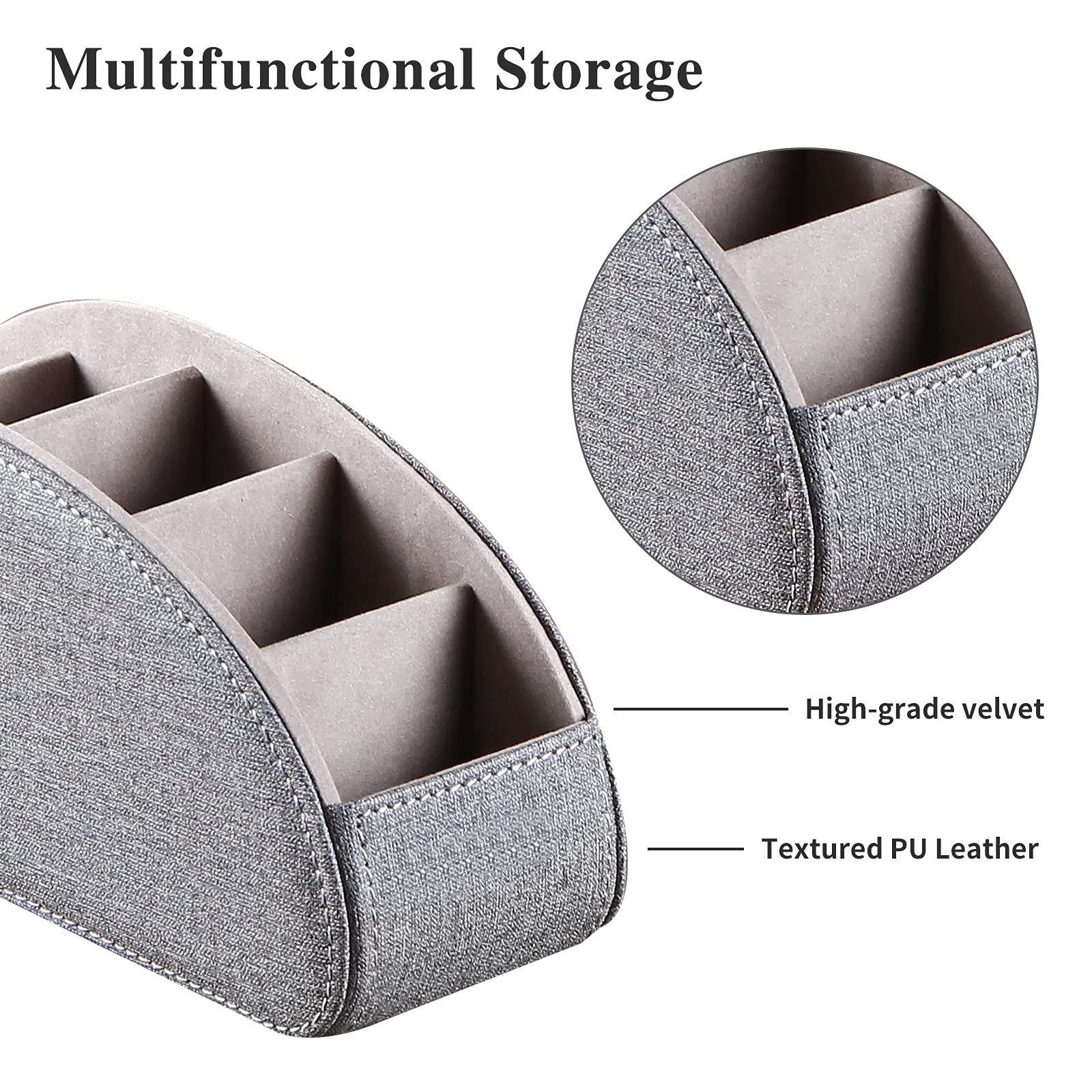 TV Remote Control Holder with 5 Compartments,Pu Leather Small, Grey