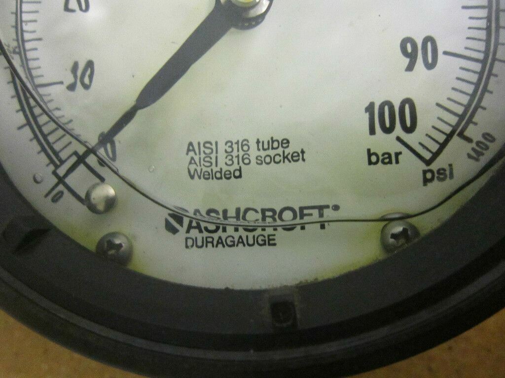 Ashcroft AISI 316 Tube 0-1400 PSI 0-100 BAR Gauge With Glycerine 1/2″ NPT