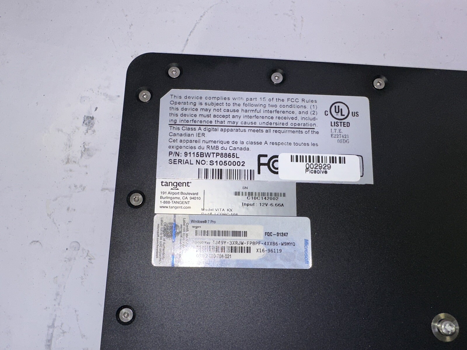 Tangent Industrial Panel Windows 7 Pro 9115BWTP8865L