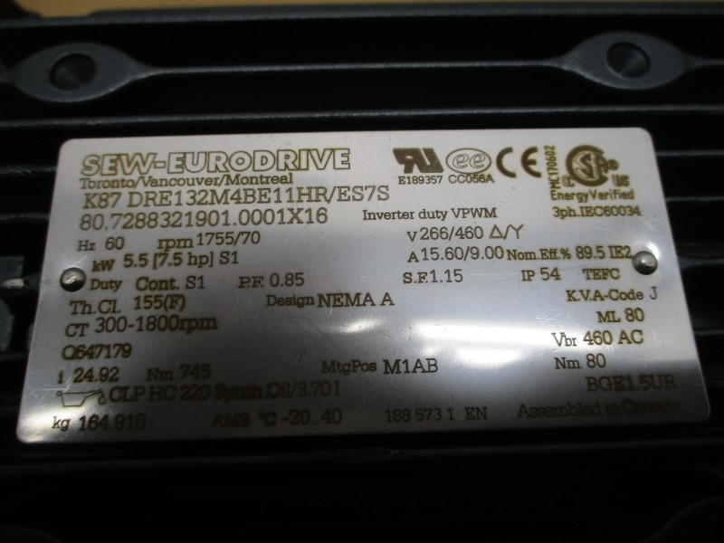 SEW-EURODRIVE K87DRE132M4BE11HR/ES7S K87/A 266/460V 15.60/9.00A NSNP