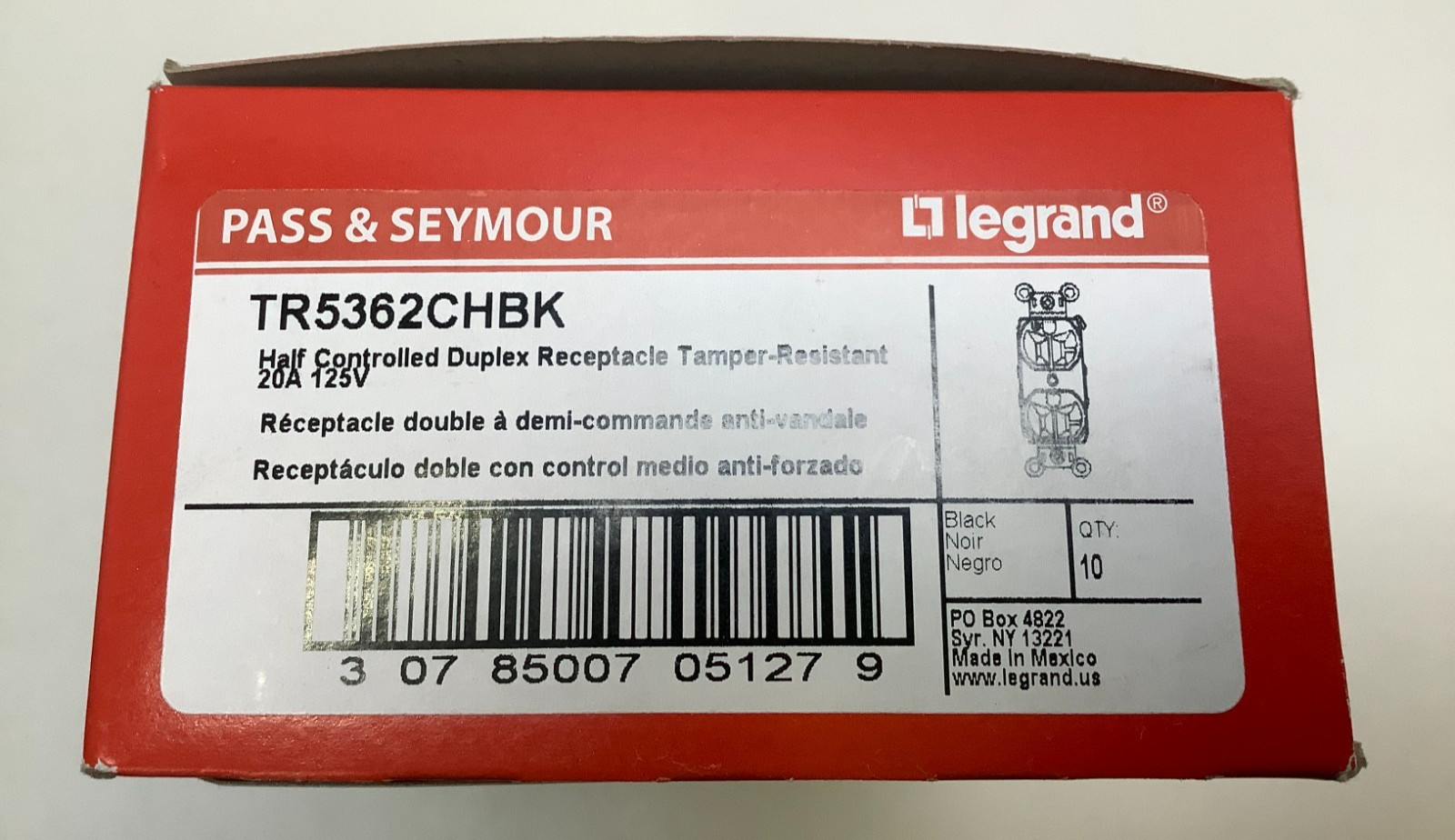 Legrand TR5362CHBK Half Controlled Duplex Receptacle, TamperResistant, 20A, 10pk