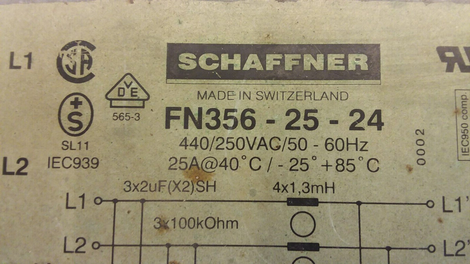 SCHAFFNER FN356-25-24 FILTER 3 PHASE + NEUTRAL LINE 1 STAGE 25 AMP 250 V