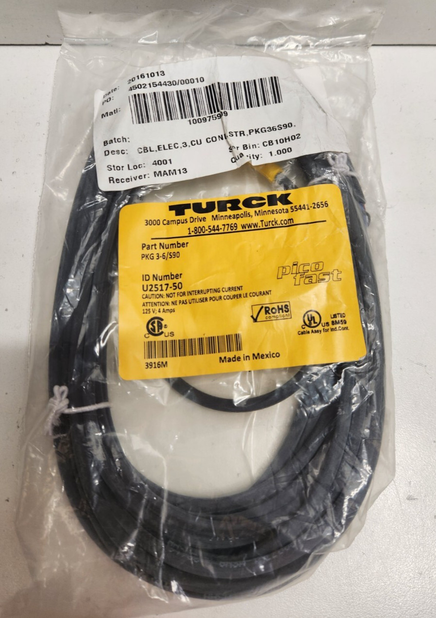 NEW IN BAG! TURCK 4A 125V 6 METER FEMALE STRAIGHT CORDSET U2517-50 PKG-3-6/S90