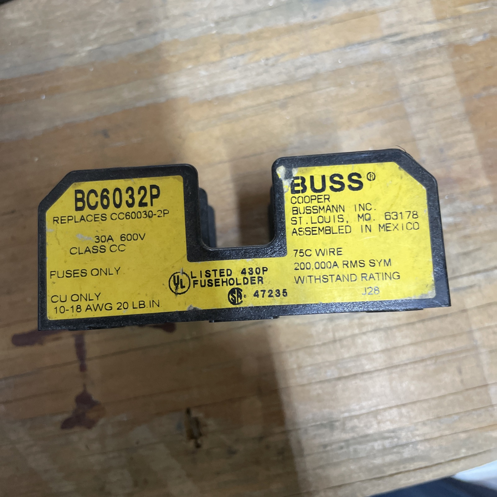 Bussmann BC6032P 600V 30Amp Class-CC Fuse Block