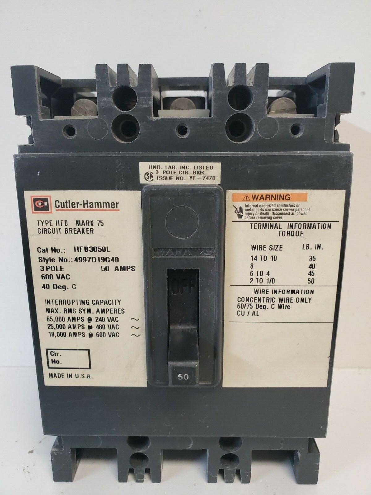 NEW OLD STOCK! CUTLER-HAMMER 50A 3-POLE CIRCUIT BREAKER HFB3050L