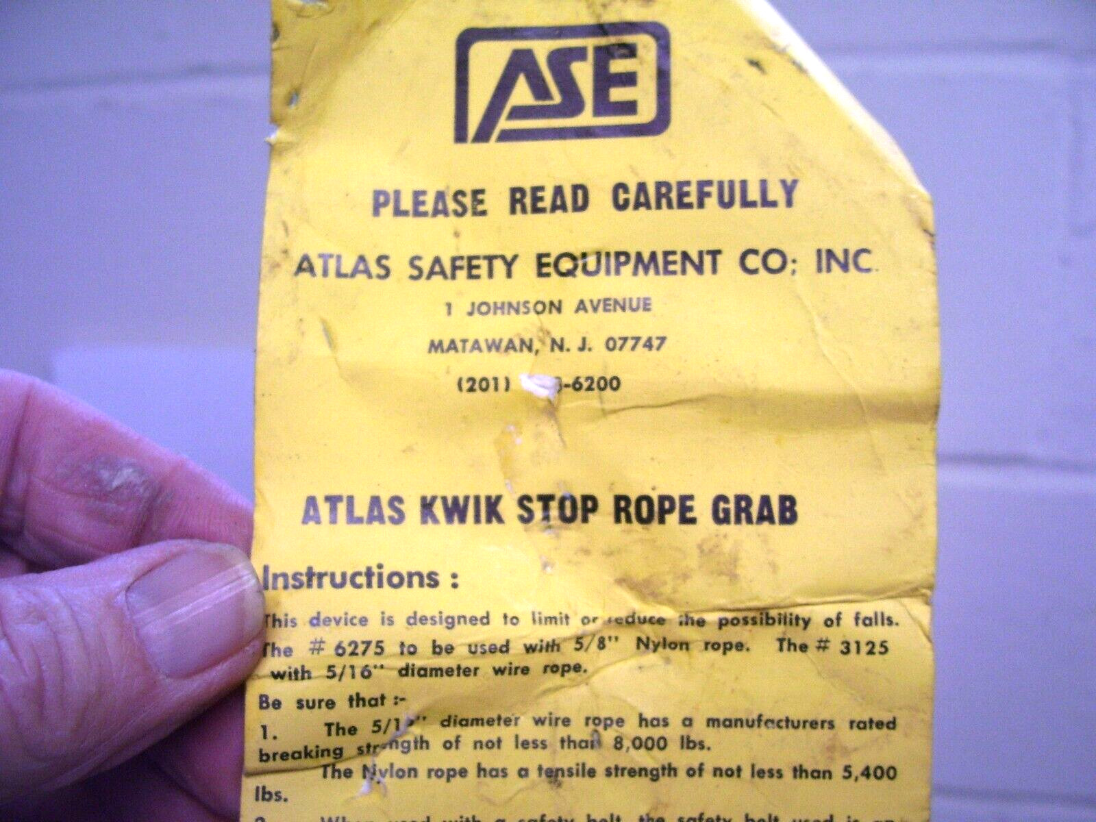 NICE Atlas Safety Equipment 6275 Kwik Stop Rope Grab, Never Used