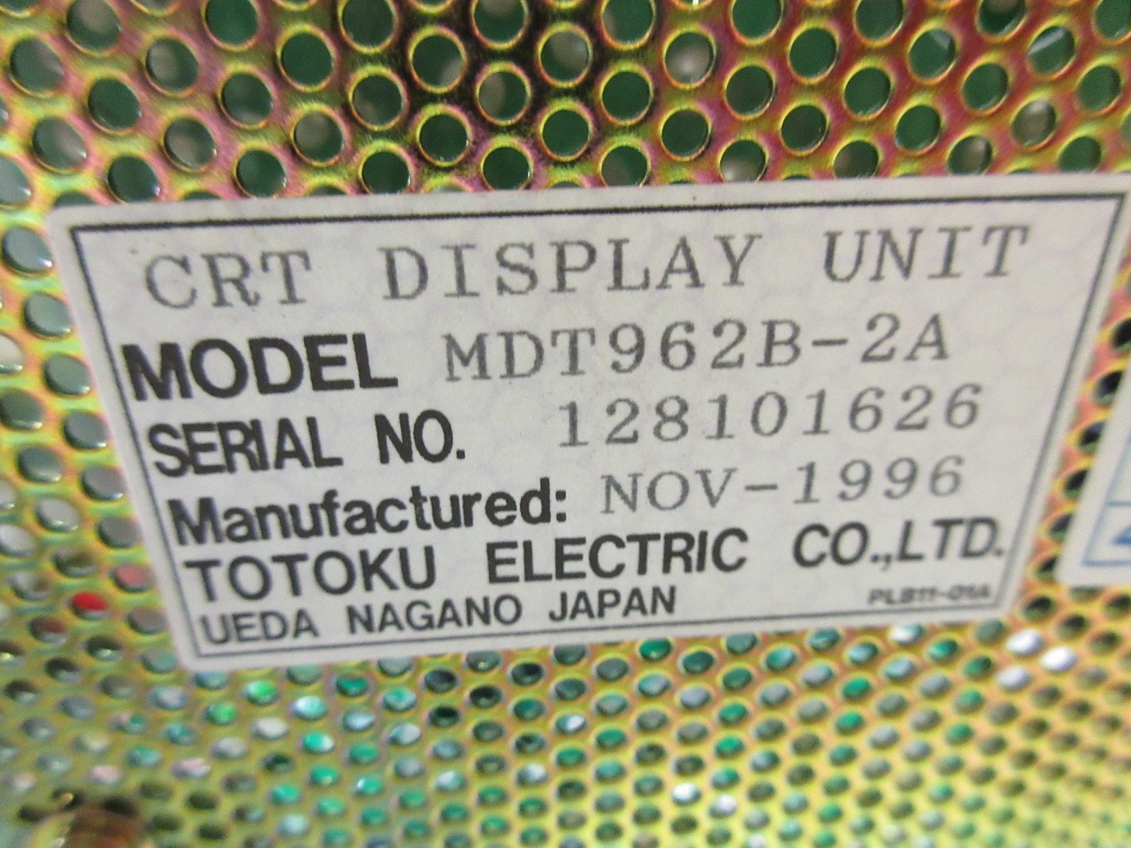 TOTOKU CRT DISPLAY MONITOR MODEL MDT962B-2A CNC BROTHER HS-3600 EDM WARRANTY