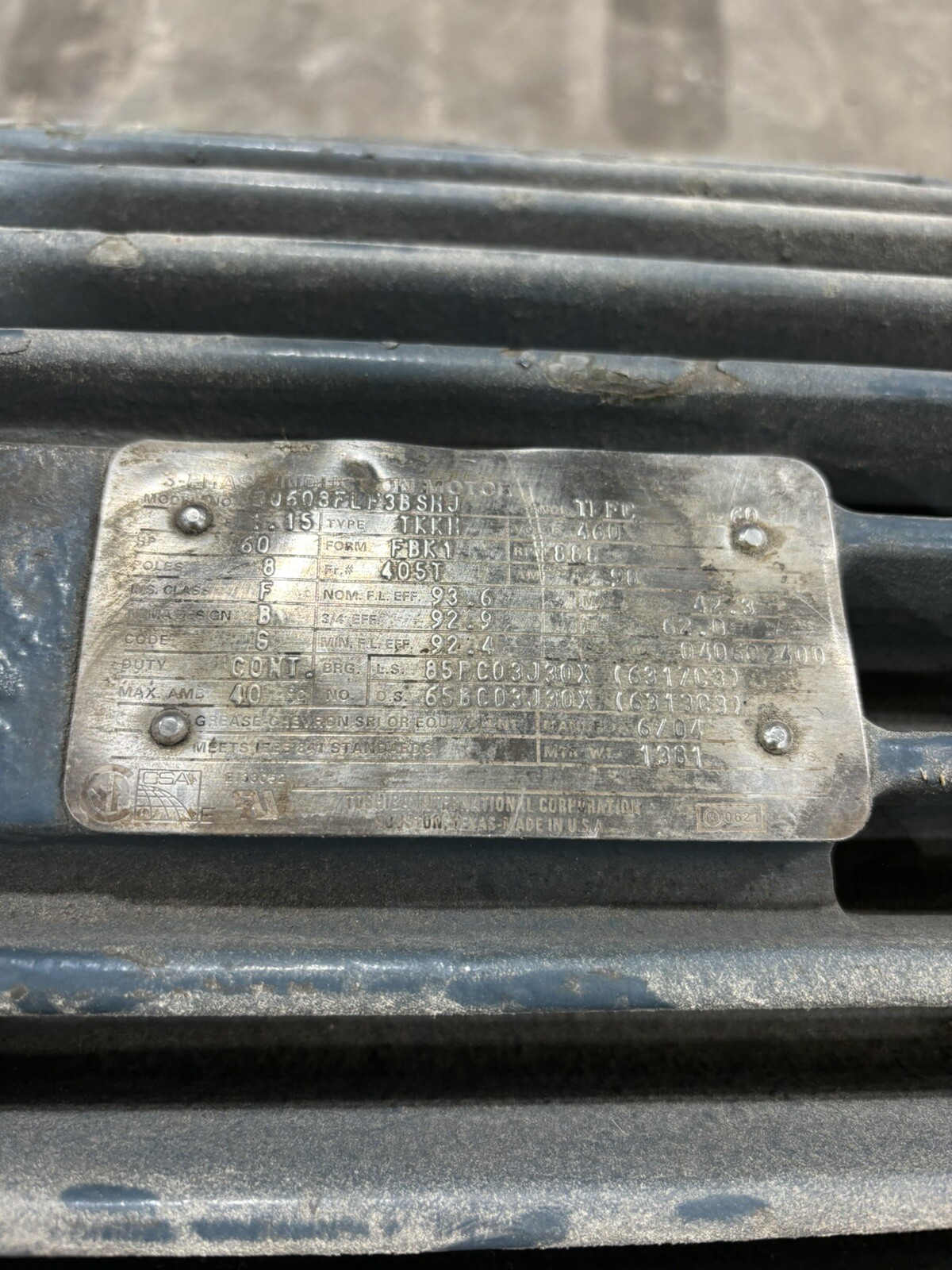 60HP 460V – TOSHIBA B0608FLF38SHJ – 60 HP ELECTRIC MOTOR 888 RPM 405T