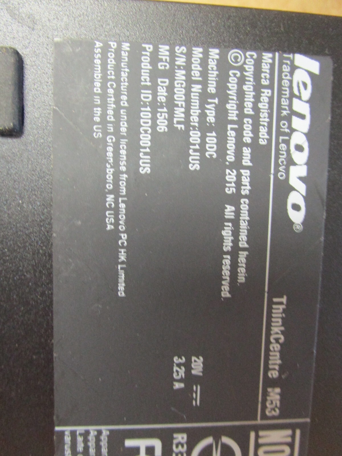 NEW LENOVO THINKCENTRE DESKTOP PC PENTIUM M53 001JUS 20V VOLT 3.25A