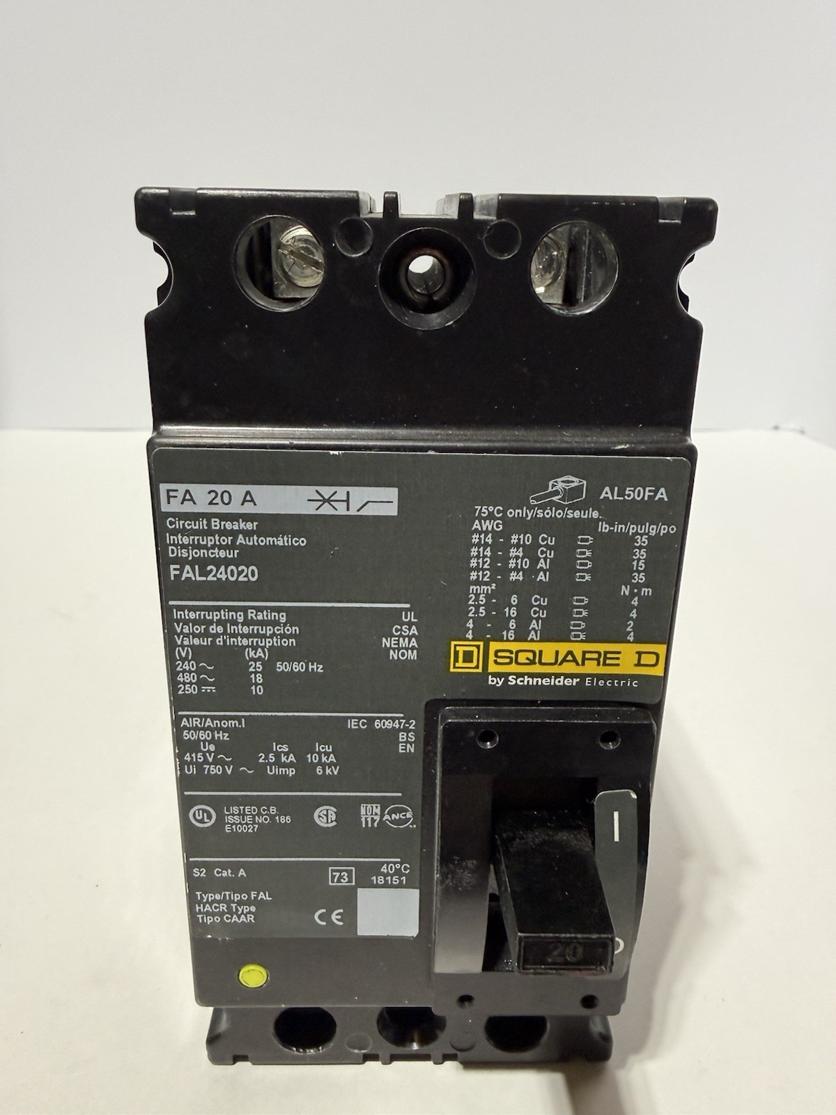 SQUARE D FAL24020 Molded Case Circuit Breaker 2-Pole 20AMP USED WORKING TAKEOUT