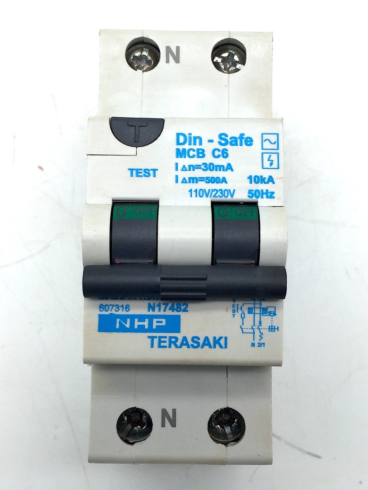 NHP TERASAKI DIN-SAFE MCB Circuit Breaker C6 1P+N C Curve 6A 10kA 30mA DSRCB0630