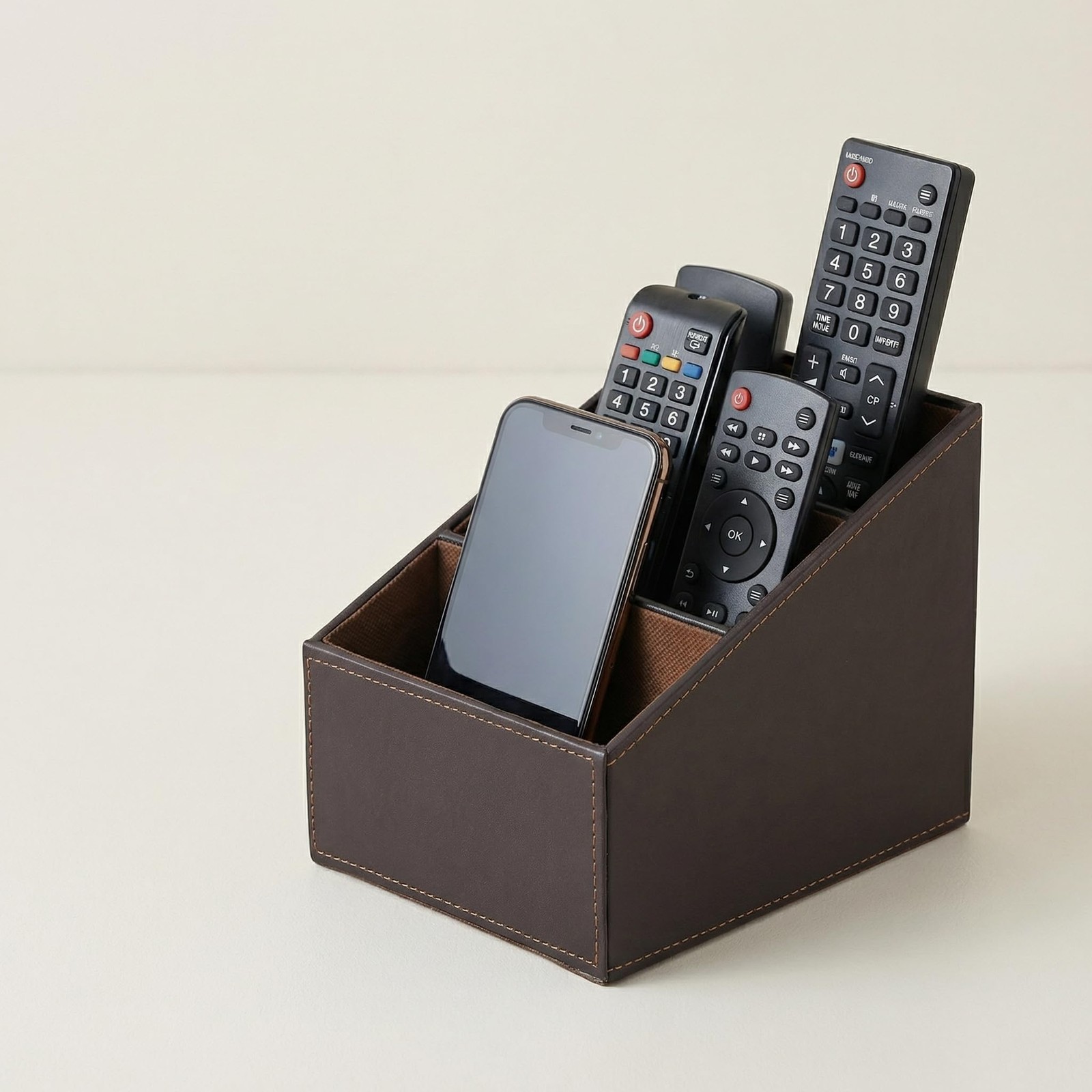 I-MART PU Leather Remote Control Holder Organizer with 3 Compartments, Brown