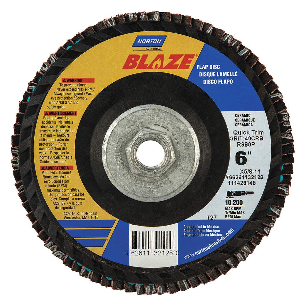 NORTON 66261132128 Flap Disc,Coarse,40 Grit,6″ dia. PK 10