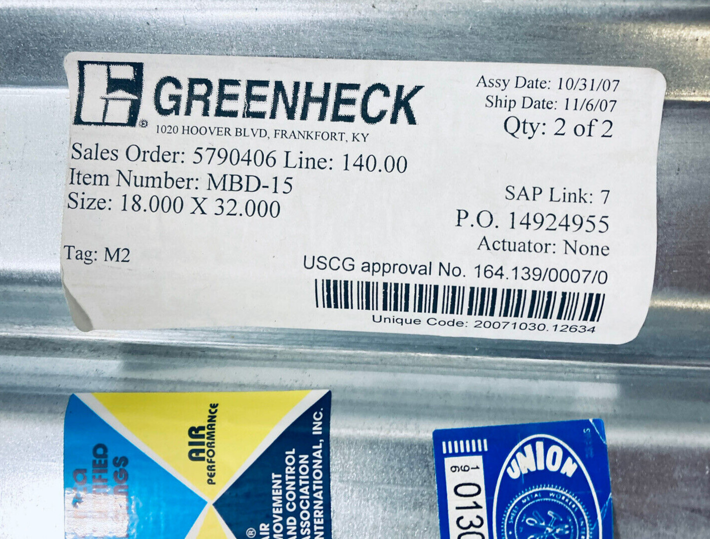 UNUSED GREENHECK MBD-15 GALVANIZED MANUAL BALANCING DAMPER 18″X32″ MULTI-BLADE