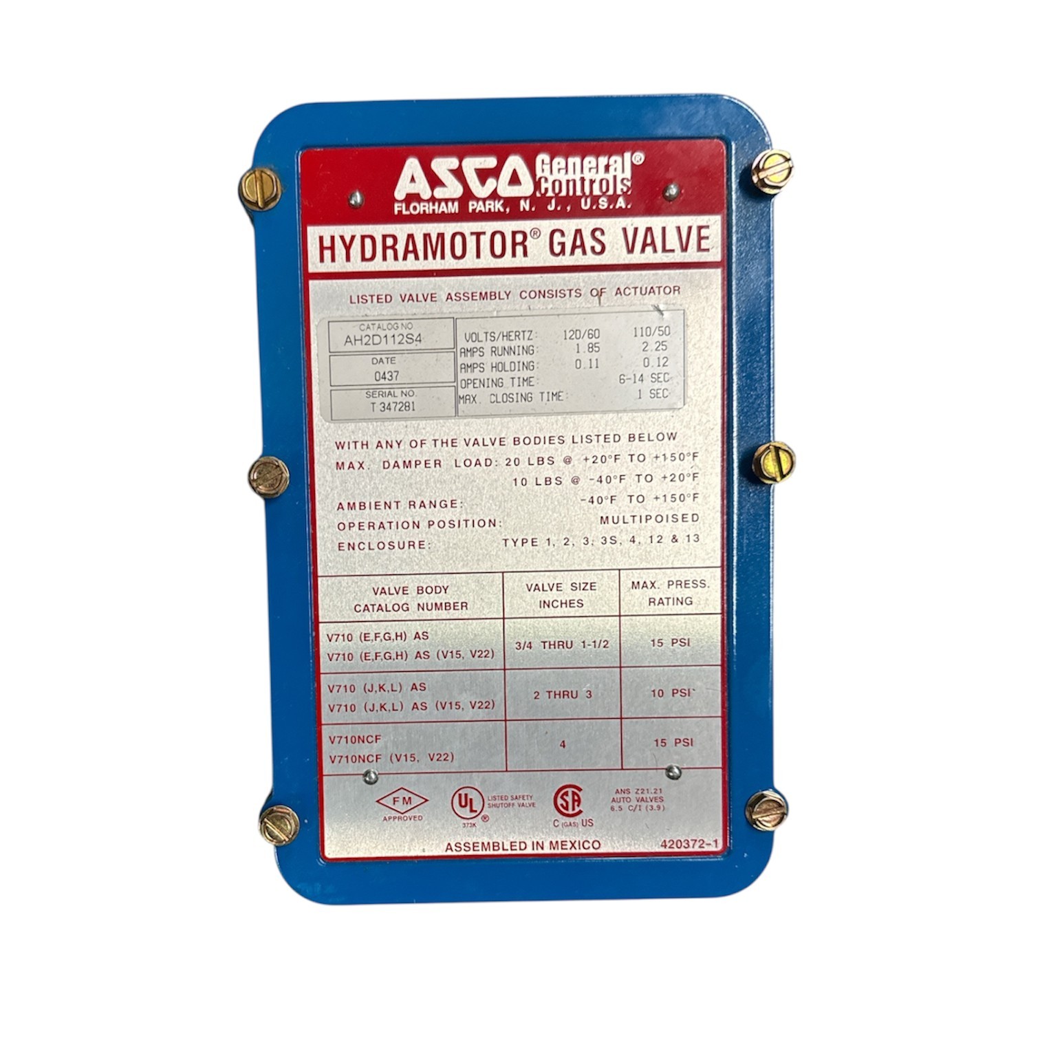 ASCO AH2D112S4 120 VOLT PROOF OF CLOSURE ACTUATOR 7/12 SECONDS W/DAMPER ARM