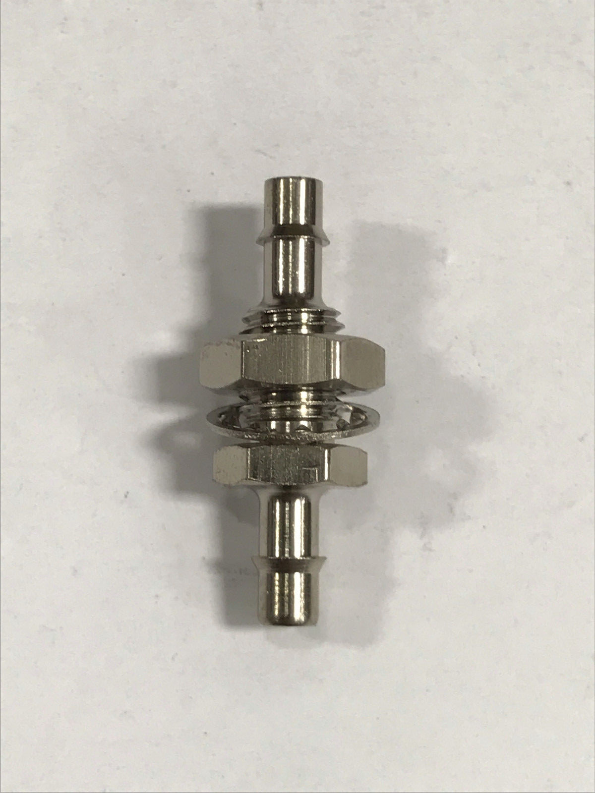 Nickel plated brass bulkhead fitting, 1/4-28 UNF thread to 1/8 ID tubing barbs