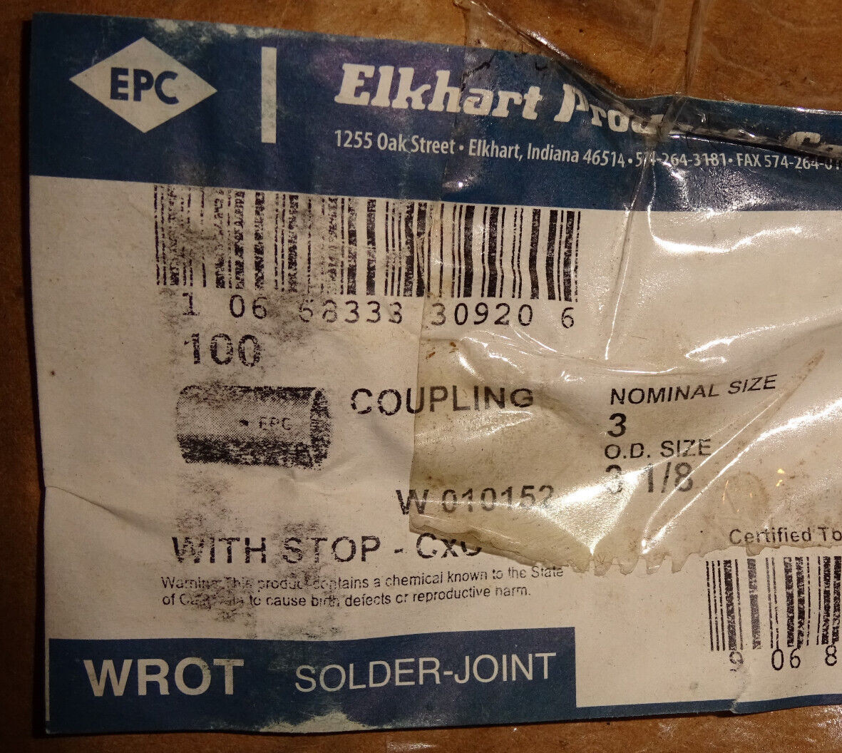 Elkhart W 010152 3″ Copper Coupling with Stop 3″ ID 3 1/8″ OD NEW